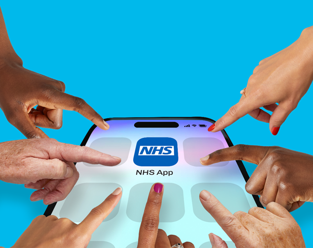 Seven hands all pointing to a giant phone screen with the NHS App icon,