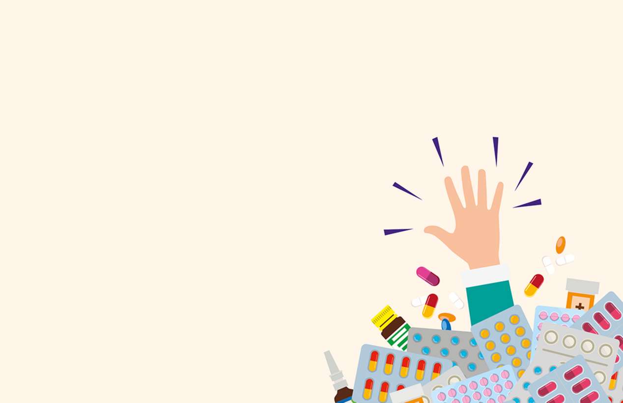 A hand reaching out from under a large pile of various medication packets and bottles.