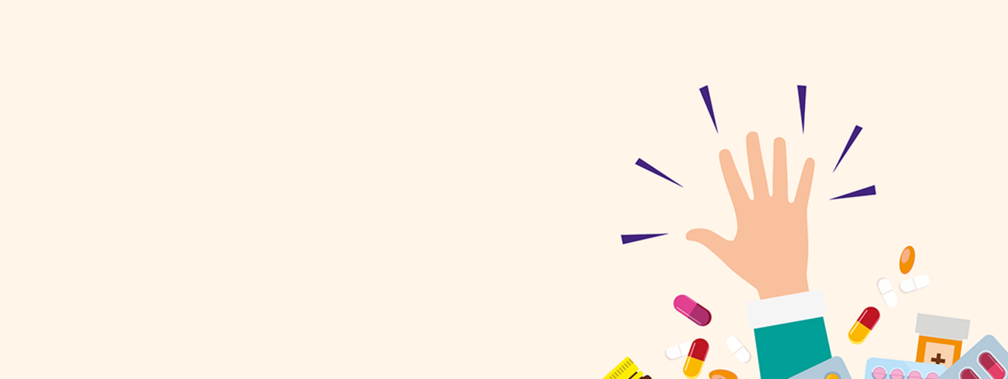 A hand reaching out from under a large pile of various medication packets and bottles.